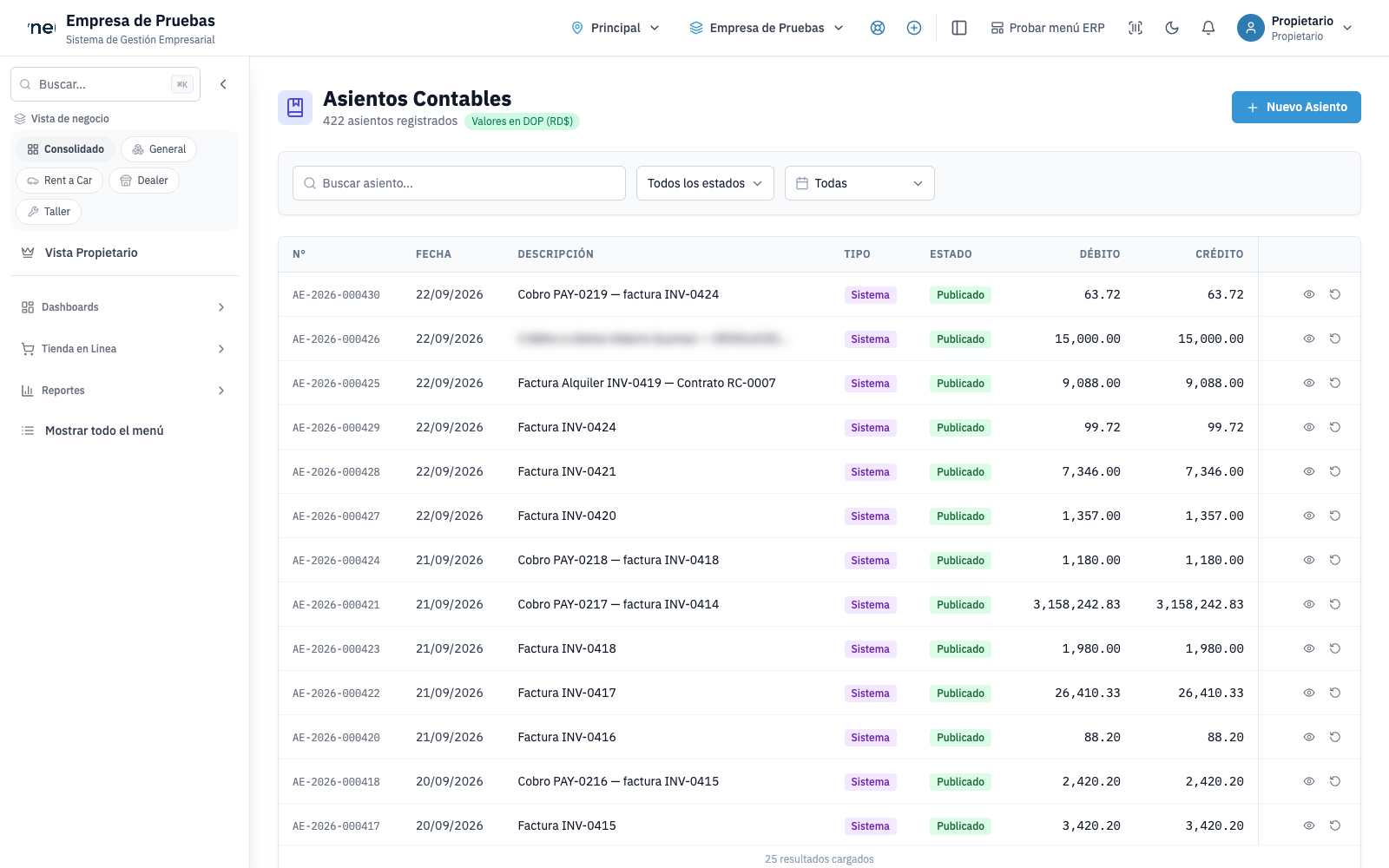 Módulo de contabilidad de SynerCore con asientos y reportes