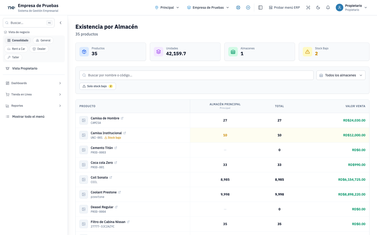 Pantalla de inventario de SynerCore con existencias por almacén