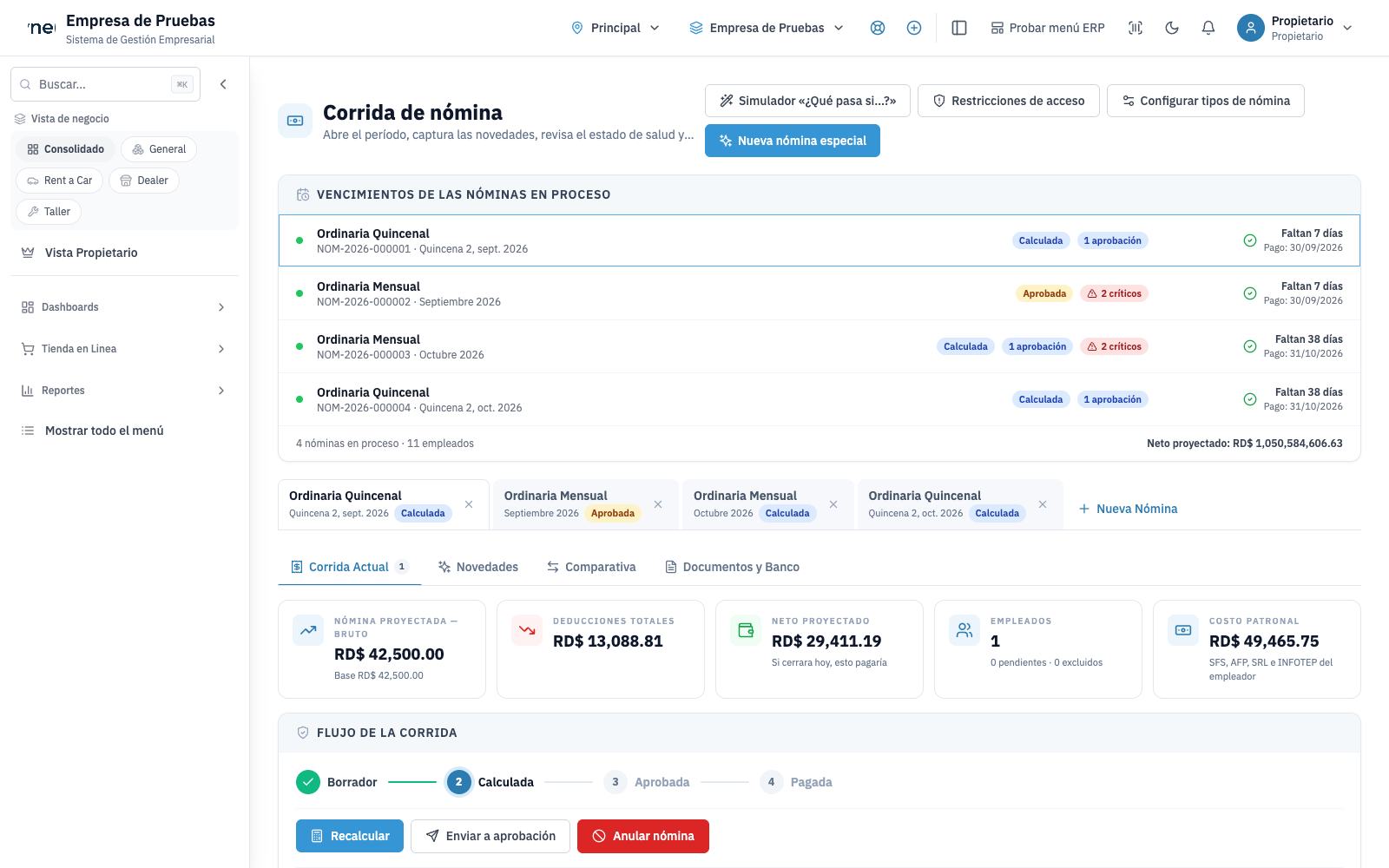 Corrida de nómina de SynerCore con el detalle por empleado