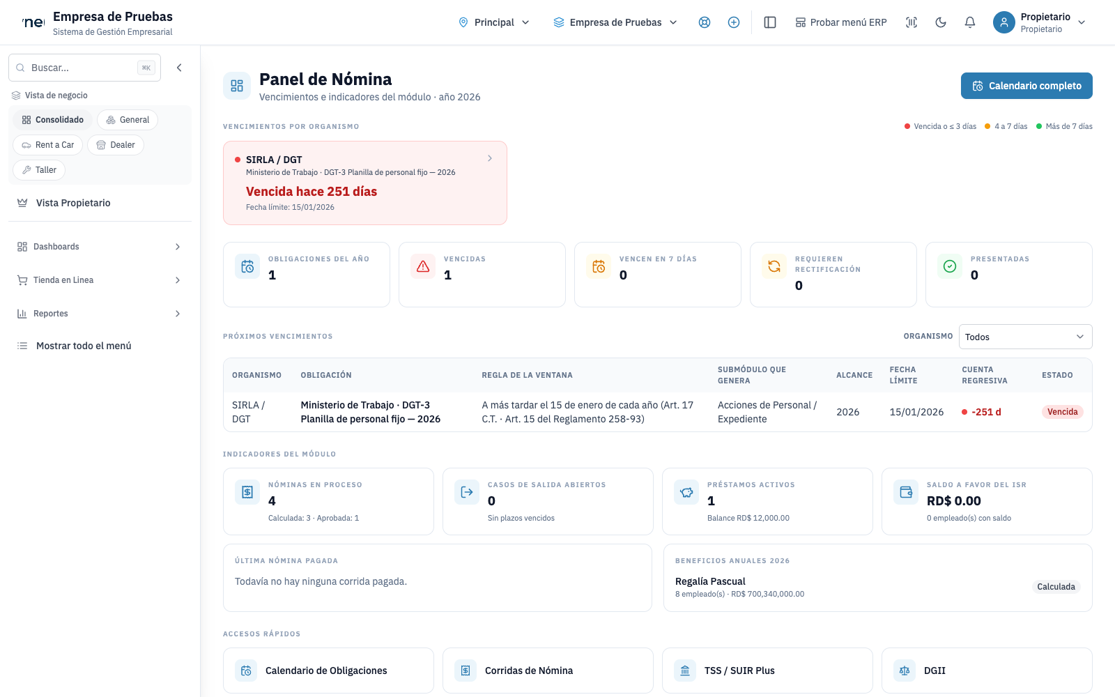 Panel de nómina de SynerCore con la corrida del período